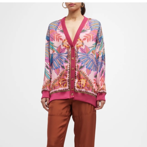 NWT $185 Farm Rio Macaw Scarf Pink Cardigan in size Large! - Picture 4 of 9
